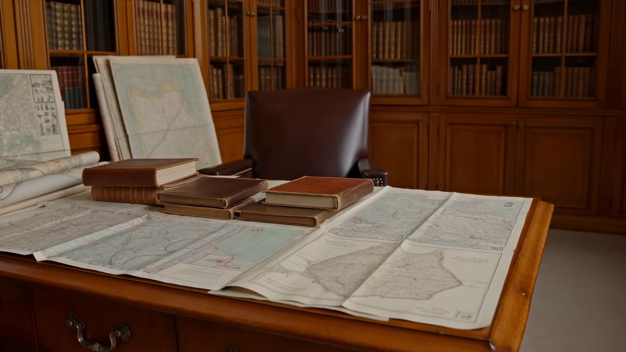 Antique Study Desk With Maps, Leather Chair, Wooden Shelves And Open Charts Spread Across Polished Wood