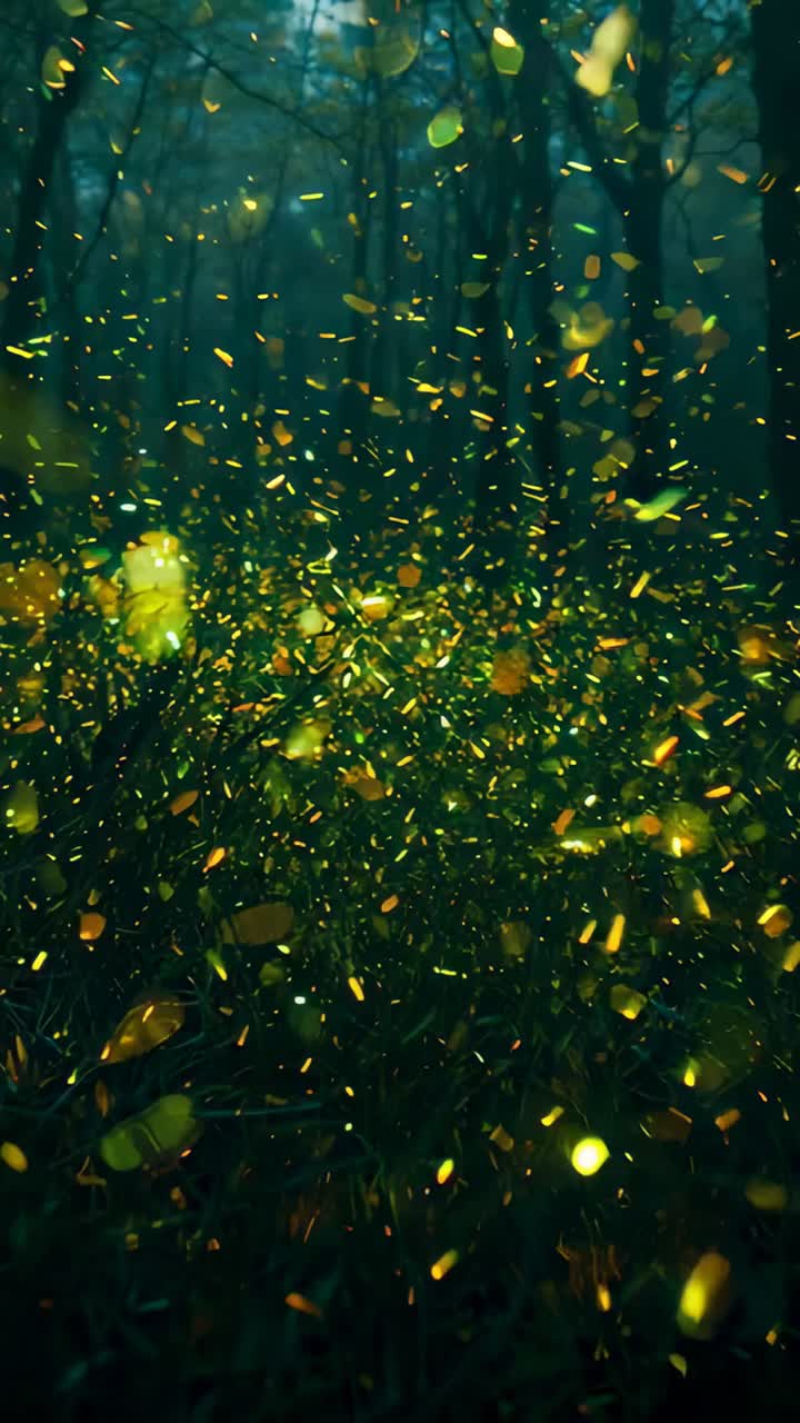 Video verticale: la telecamera si muove, uno sciame giallo-verde si alza e fluttua sopra il muschio vicino ad alberi alti