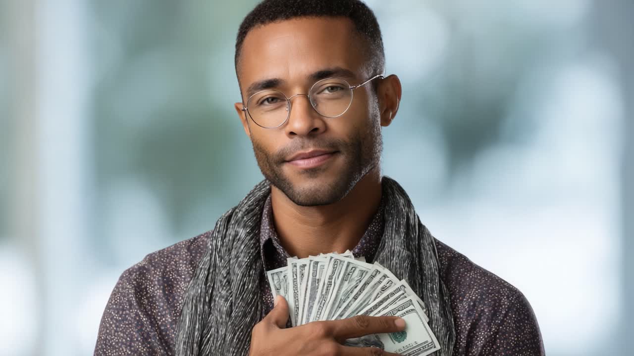 Confident individual showcasing a handful of cash, embodying success and financial confidence in a stylish attire with a contemplative expression in a bright setting