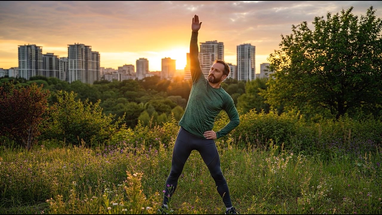 Man stretching body in grassy field before physical exercise routine