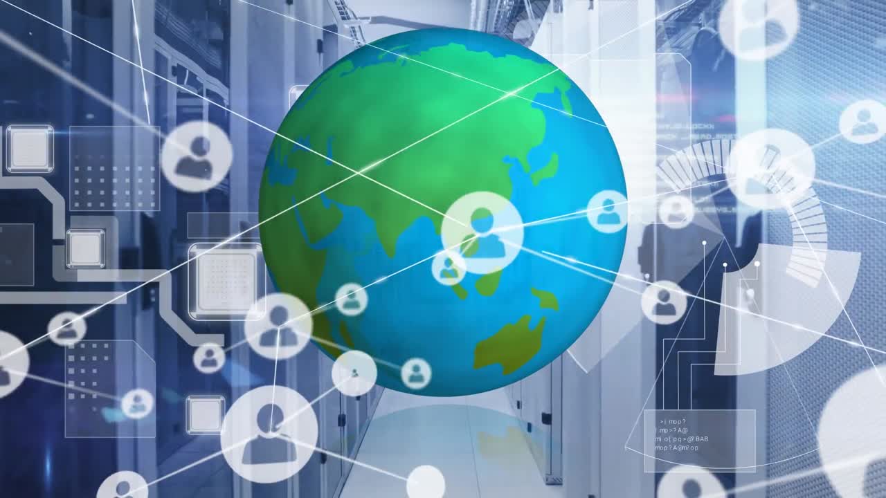 서버  ⁇  위에 아이콘과 글로브로 연결된 네트워크의 애니메이션