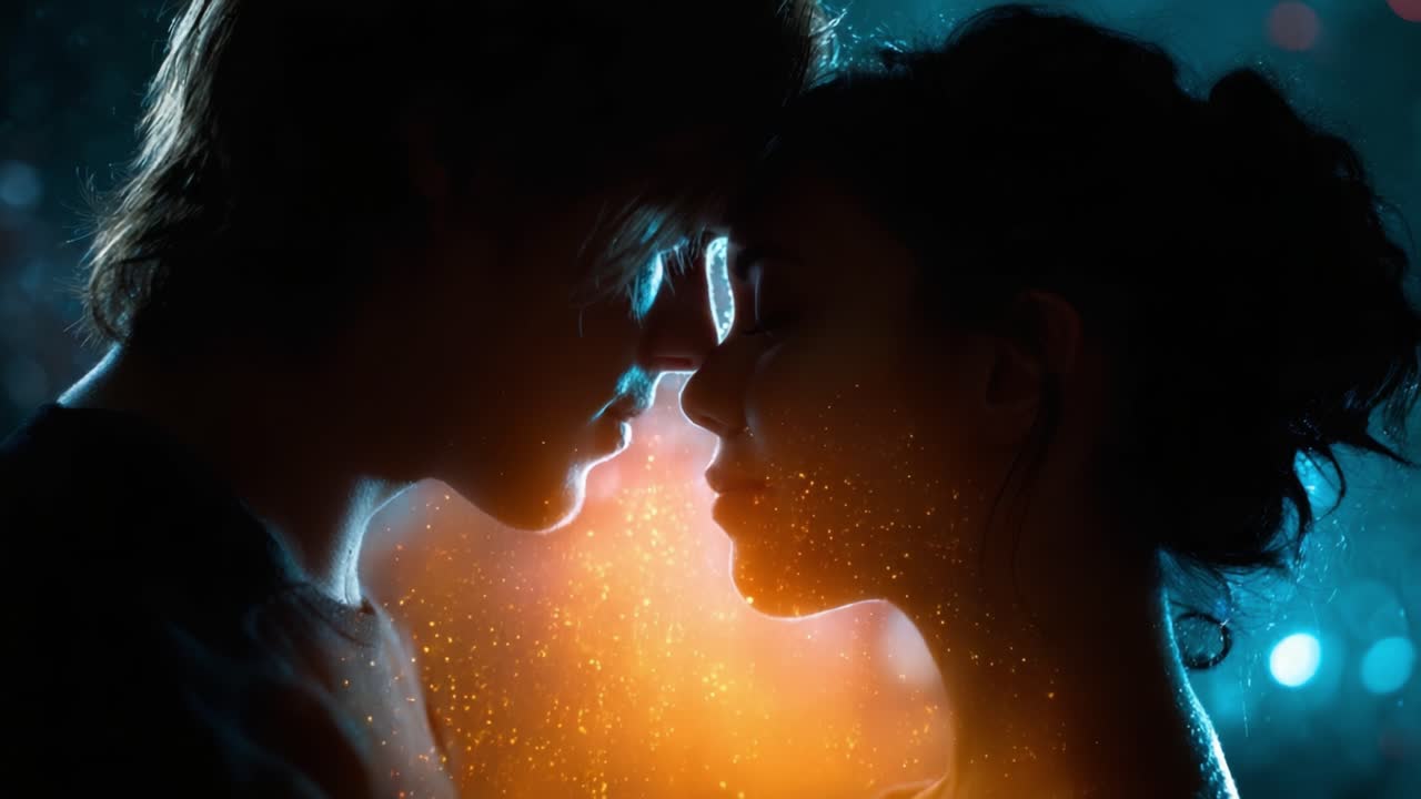 An Intimate Moment Captured: Two Young Lovers Share a Tender Connection Amidst a Dreamlike Background of Stars and Colors, Symbolizing Deep Emotion and Affection