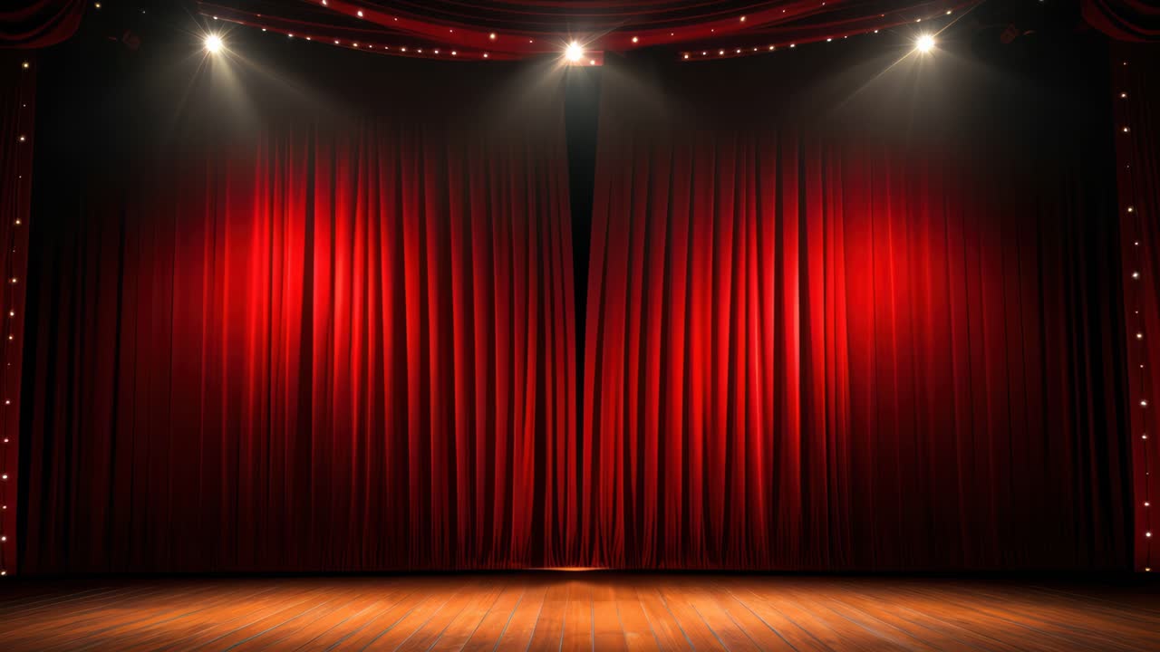 A dramatic theater stage with closed red curtains, captured from a low-angle view, ideal for a video