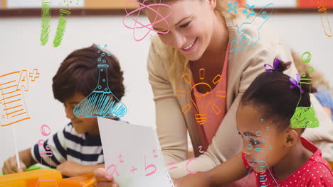 animation of colourful school doodles scrolling over happy female teacher and children in class