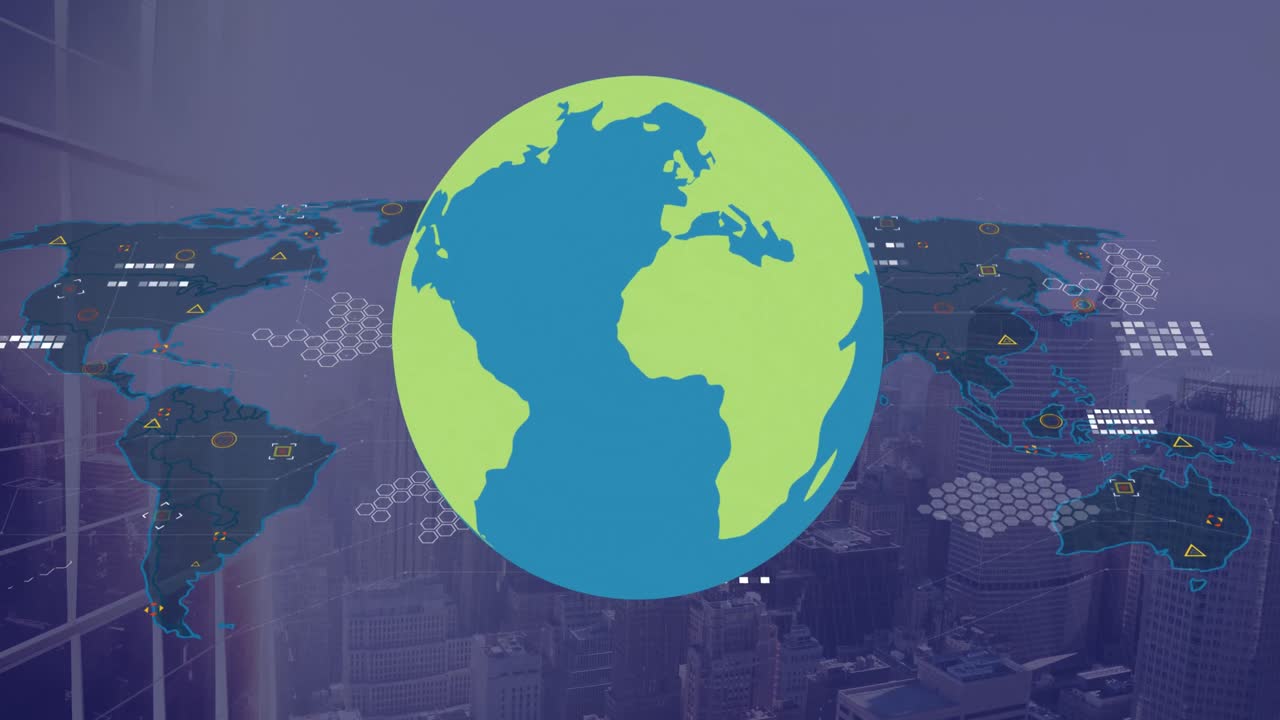 animación del globo y el mapa del mundo sobre el paisaje urbano