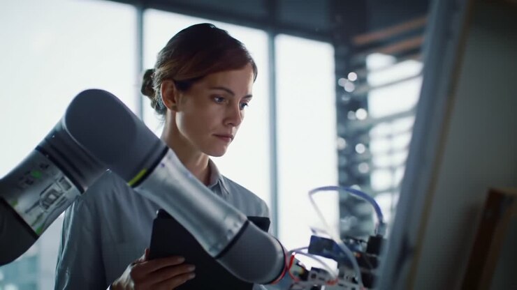 Un artista innovativo collabora con robotica avanzata per creare opere d'arte straordinarie, unendo tecnologia e creatività in un ambiente da studio moderno
