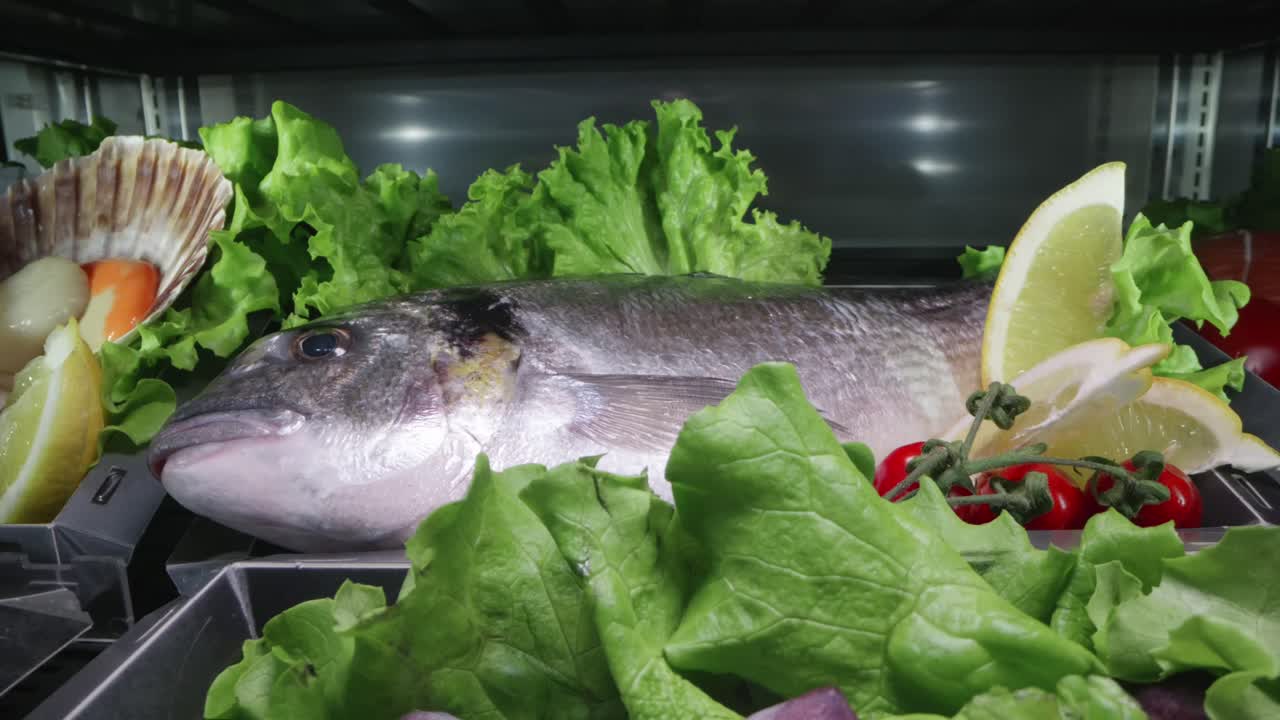 Refrigerated drawer filled with seafood and fresh vegetables in a professional kitchen vending machine.