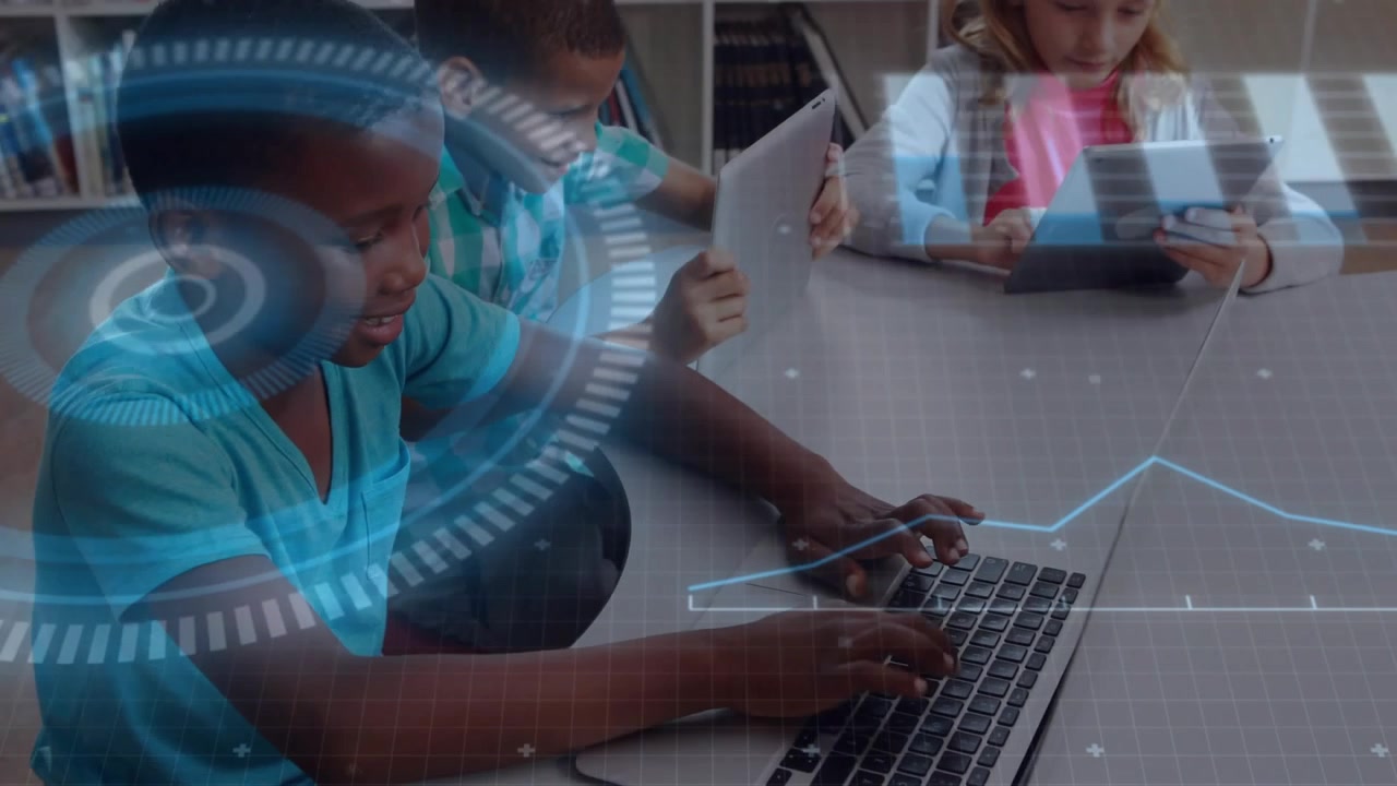 Three students tapping tablets and typing laptop in education, showing HUD and line graph for study