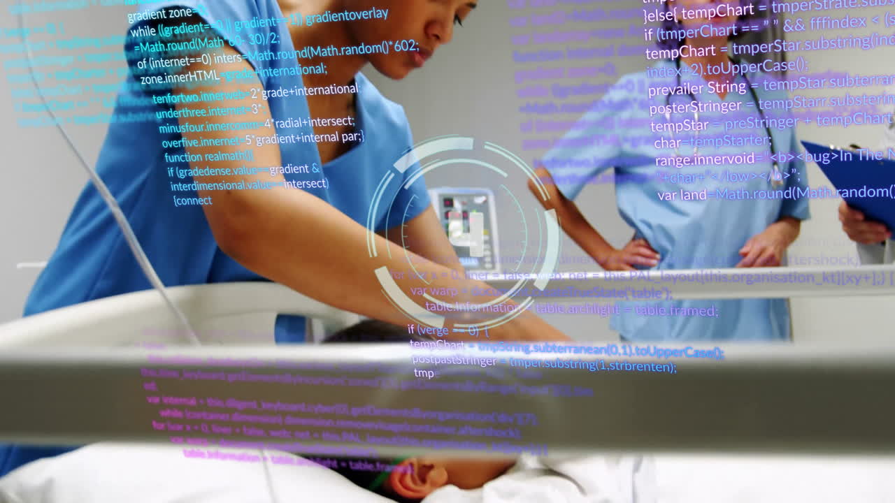 In hospital, medical professionals using digital data overlay while caring for patient