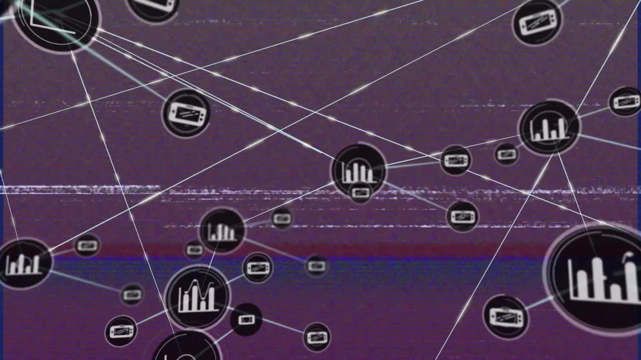 Animation of network of connections with icons over pattern on human brain