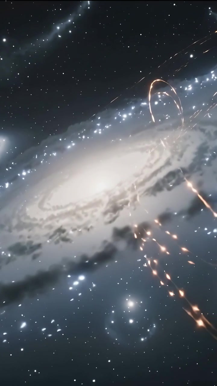 縦型動画：宇宙空間で、弧を描く軌跡が傾いた渦巻銀河の核へと火花を引き込む様子。