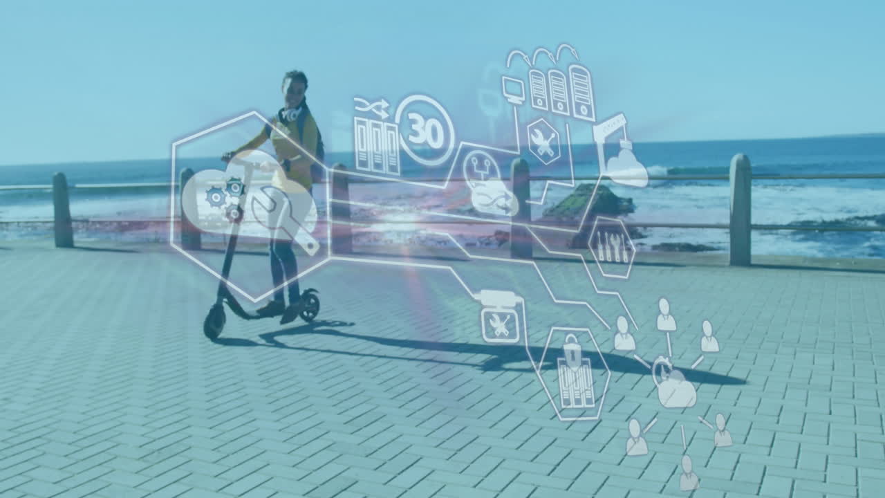 바다  ⁇ 의 산책로에서 스쿠터를 타고 있는 여성 위에 기술 아이콘의 애니메이션