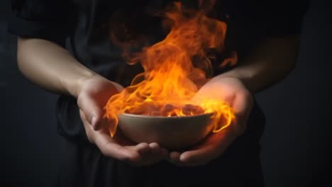 con las manos sosteniendo un tazón de chile ardiendo