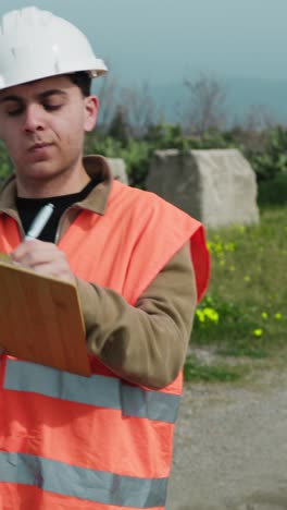 architect taking notes while walking on the construction site and looking around