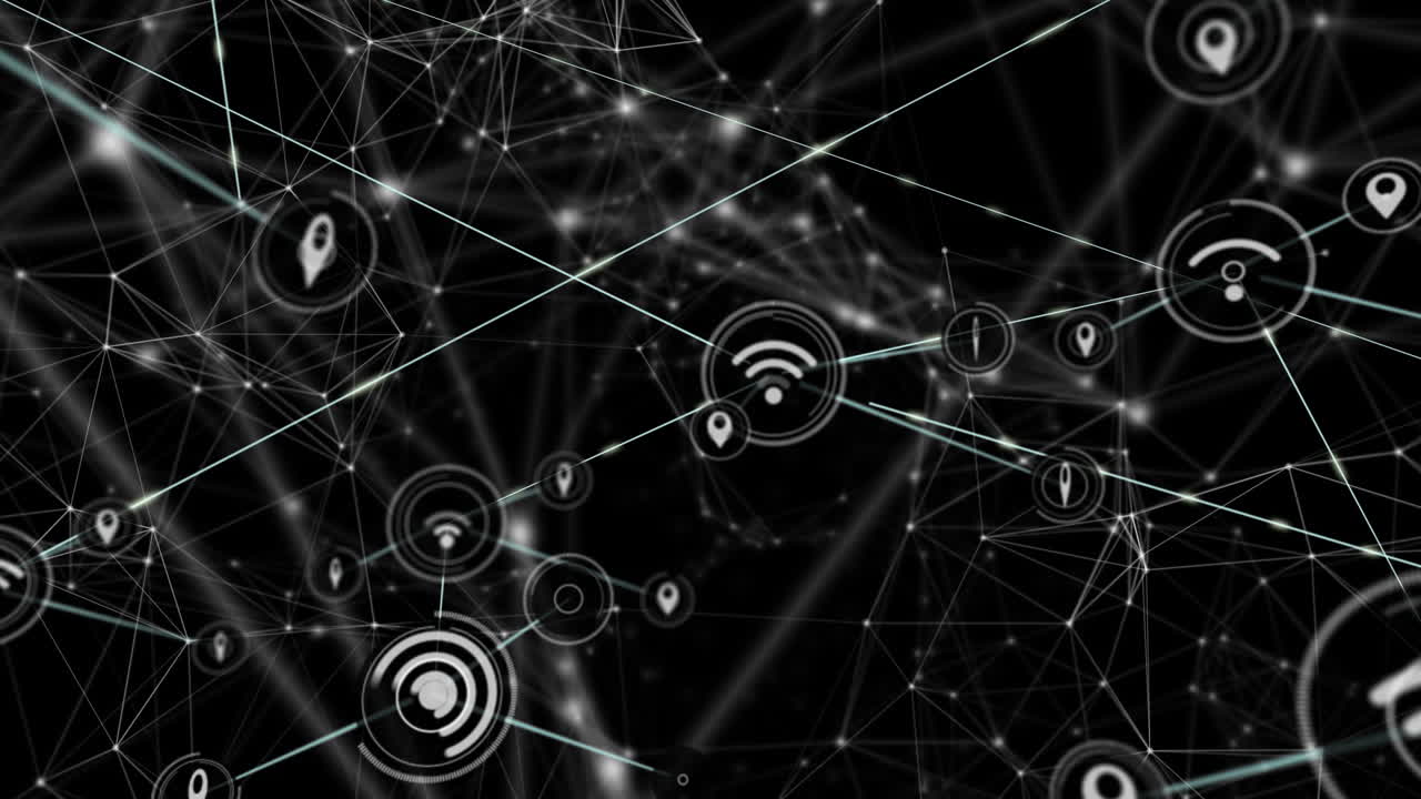 animación de la red de conexiones con iconos en fondo negro