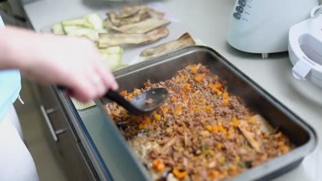 carne de res molida con calabacín, berenjenas y zanahorias - de cerca