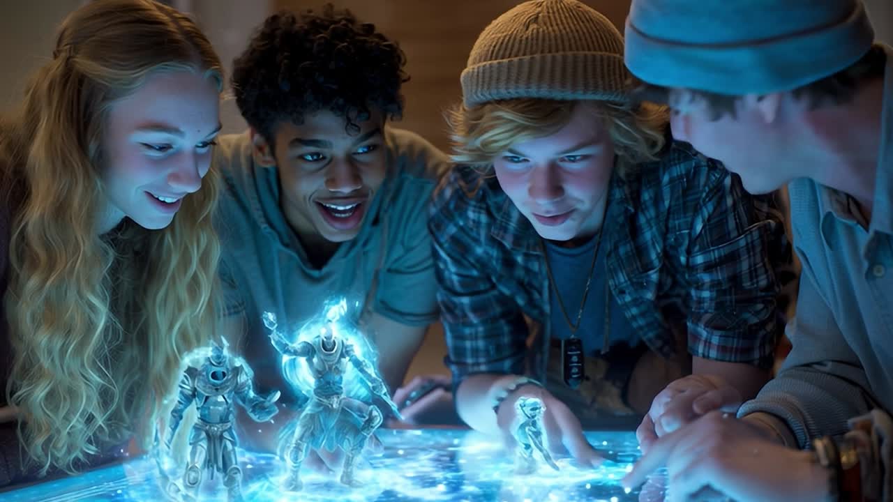 Friends enjoying an immersive gaming experience at home in the evening