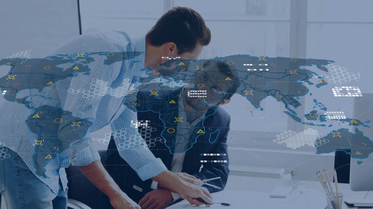 Architect using compass marking plans while colleague sliding tablet mapping data overlay world map