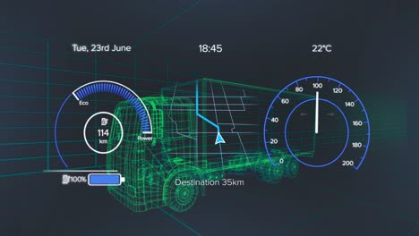 animation of speedometers, arrow on map pattern over 3d model of truck against black background