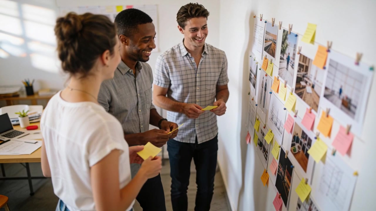 Pointing man wearing checkered shirt leading team placing sticky notes on pinboard for planning
