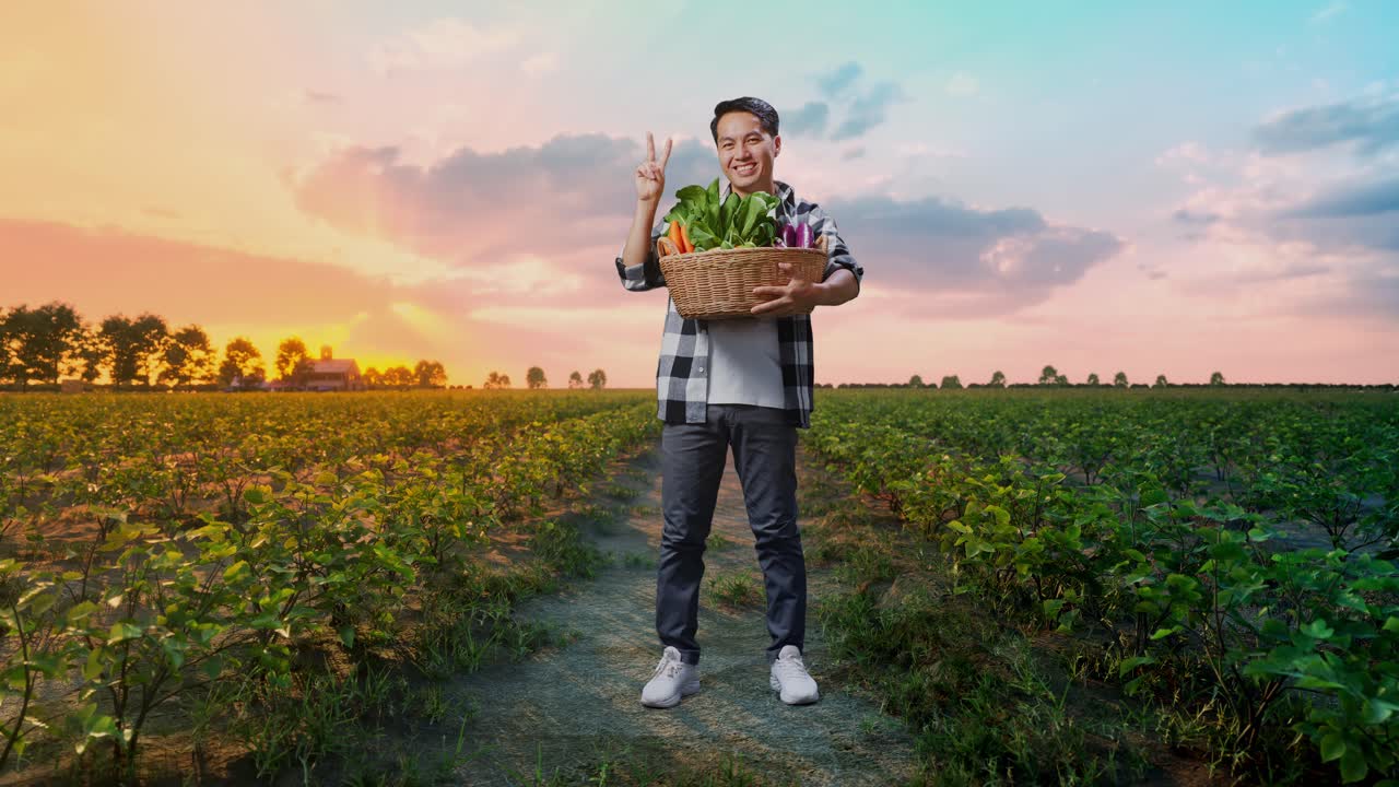 해가 지면 채소 바구니 를 들고 있는 농부