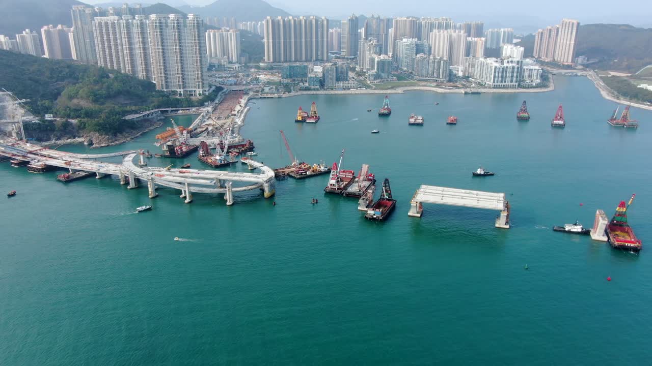 proyecto de construcción del enlace cruzado de la bahía de hong kong, un puente doble de dos carriles que conecta el túnel tseung kwan o lam tin con la carretera wan po, vista aérea