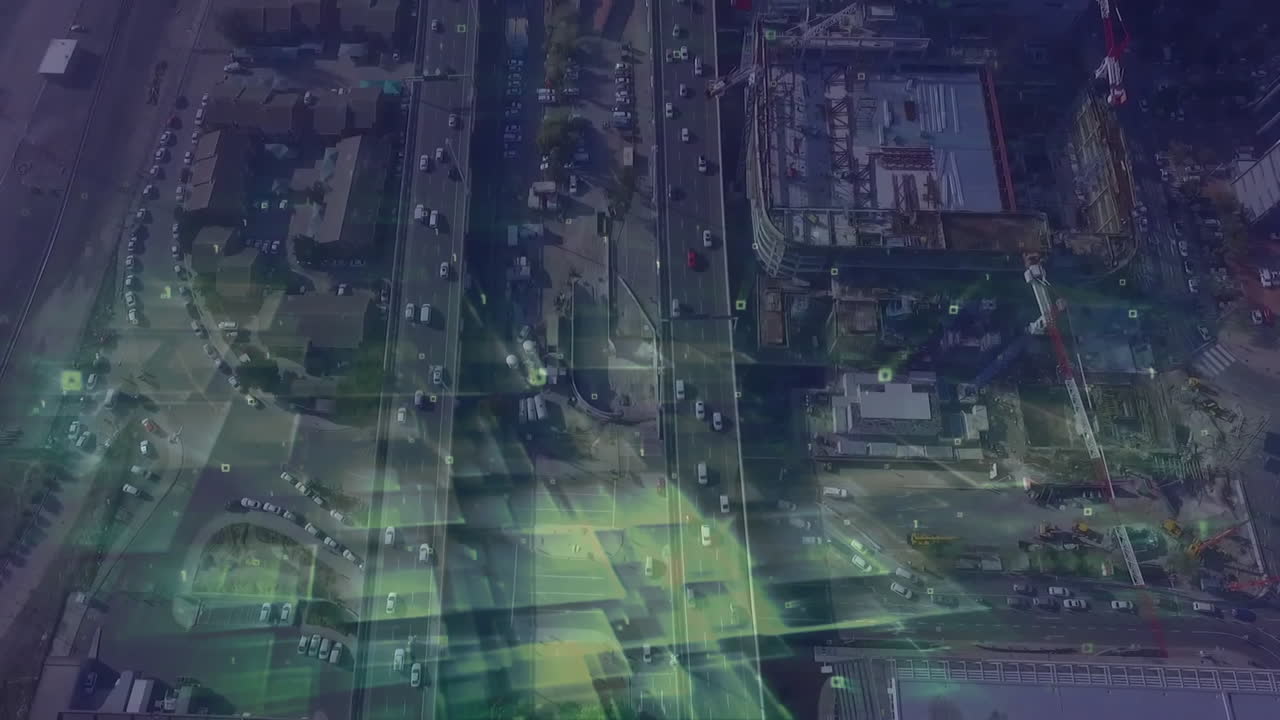 Aerial 3D render showing busy highway interchange flowing vehicles under digital grid near cranes