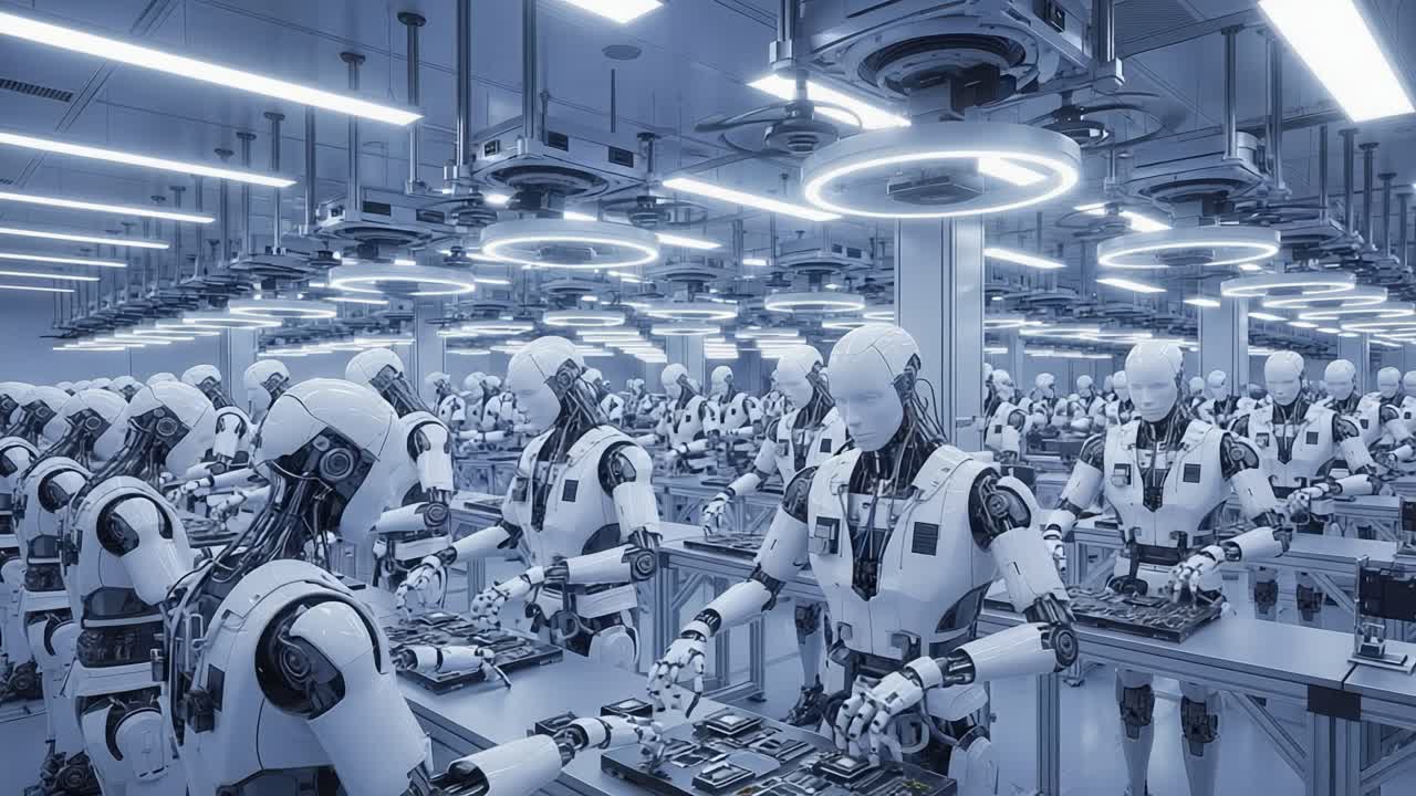 Futuristic Robotics Manufacturing Facility Showcasing Advanced Automation Technology with Humanoid Robots Working on Assembly Lines in a High-Tech Environment