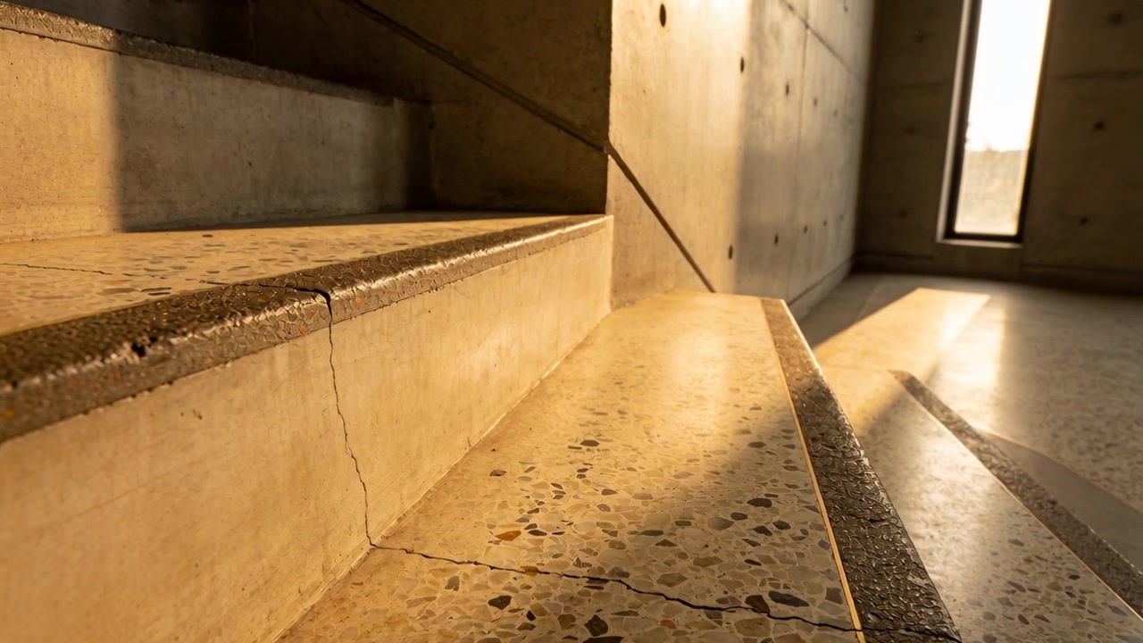 Sliding camera moving forward and lowering across terrazzo stair tread and riser, revealing crack