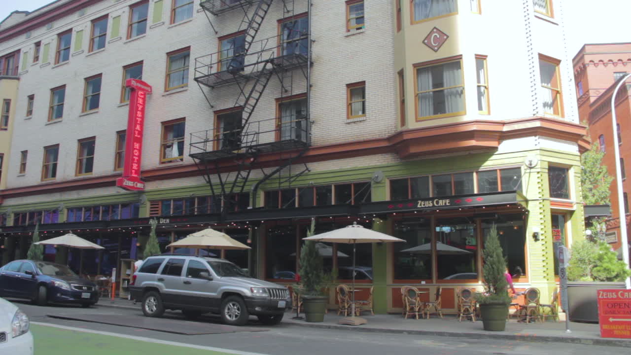 Wide angle shot of Mcmenamins Crystal Hotel and Zeus Bar downtown Portland, Oregon, USA on a sunny day.