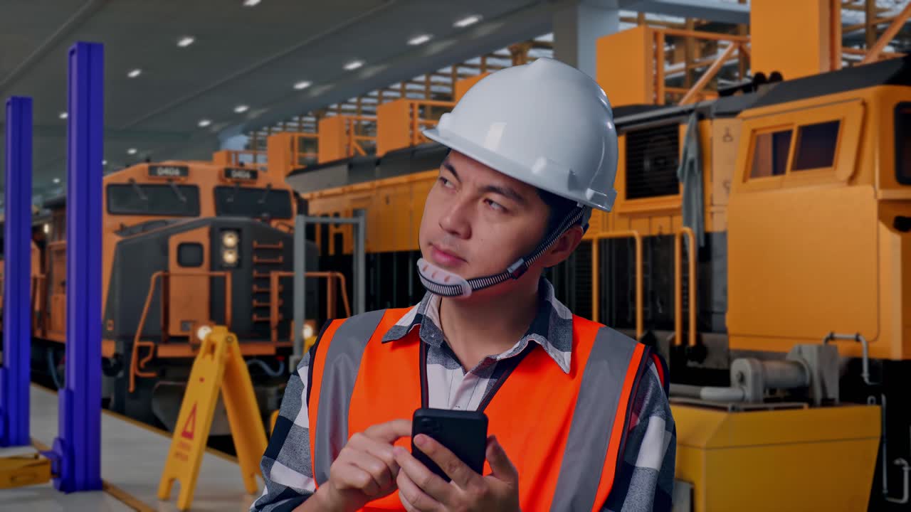 Primo piano di un ingegnere asiatico con casco di sicurezza che utilizza uno smartphone e si guarda intorno mentre è in piedi. Ingegneri addetti alla manutenzione dei treni in un deposito