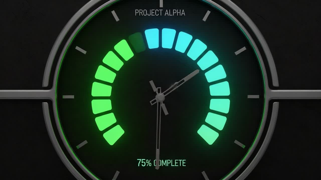 Progress Indicator for Project Alpha: A Visual Representation of Achievement with a 75% Completion Rate Displayed on a Dynamic Gauge System