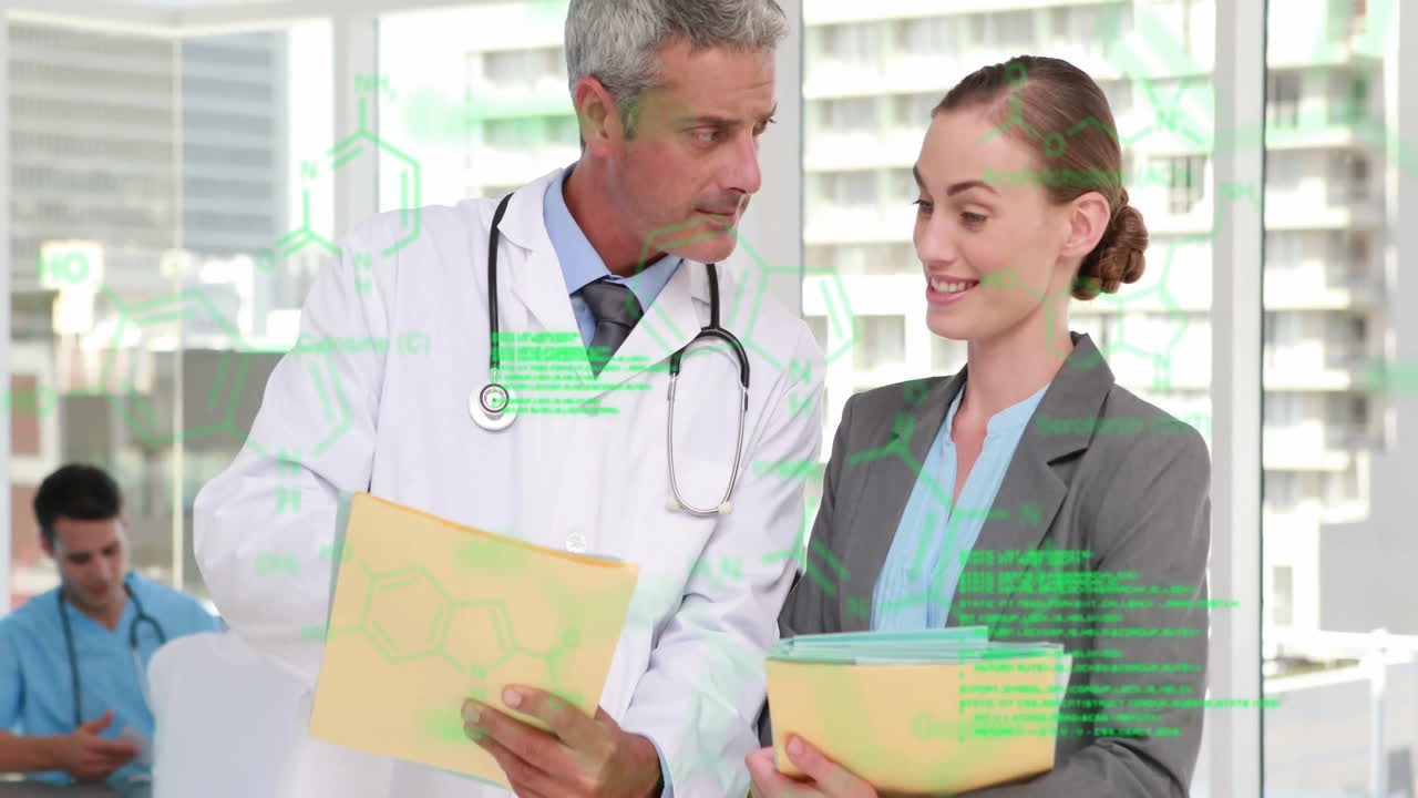 Animation of data processing over diverse doctors talking with clipboards