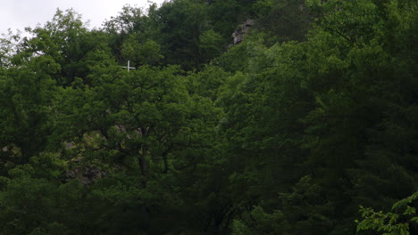 white holy cross concealed by trees on steep forest hillside cliff