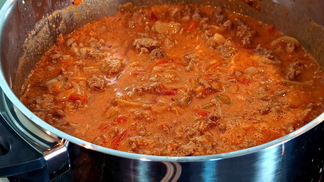 Ground meat getting cooked. Closeup shot.