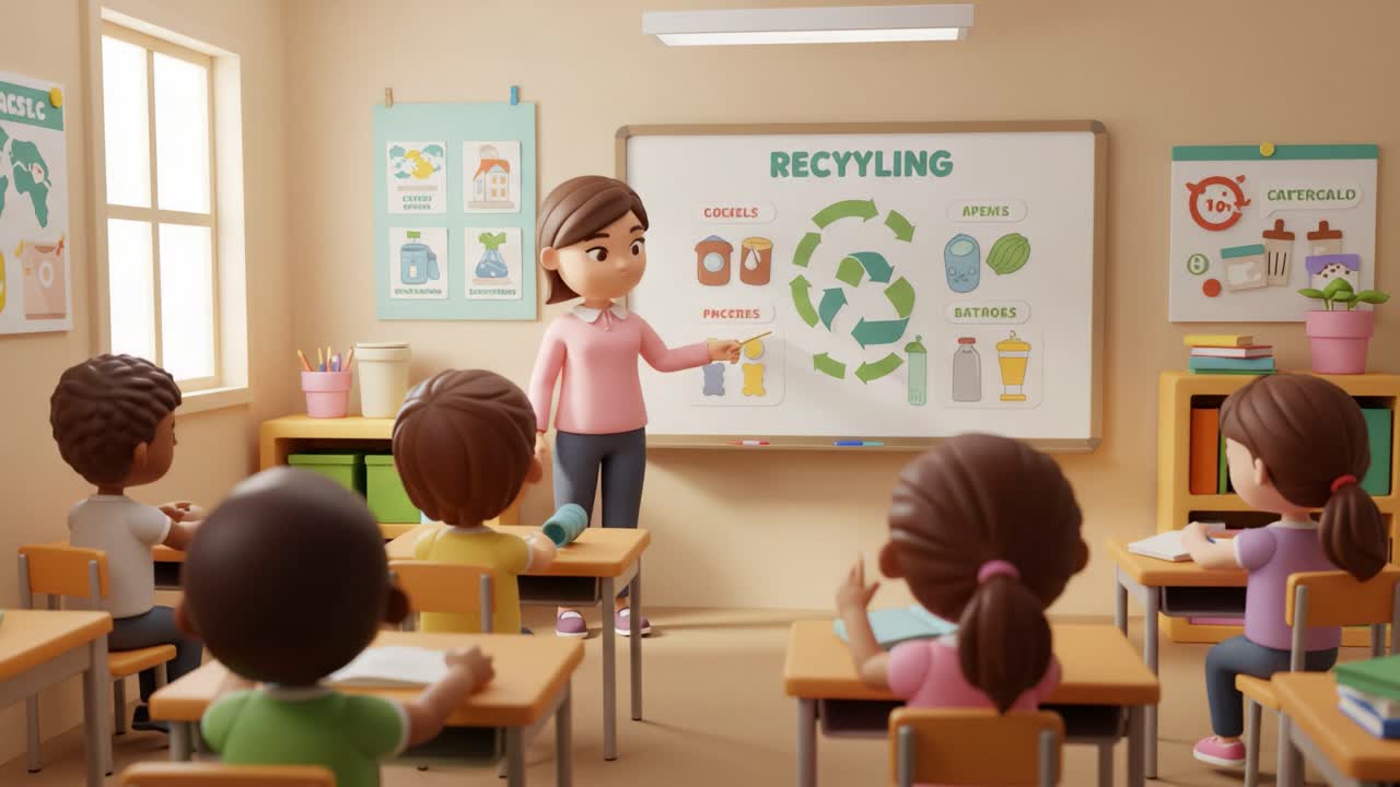 Engaging Classroom Scene on Recycling: Educator Explains Waste Segregation to Students Using Visuals in a Bright and Inviting Learning Environment