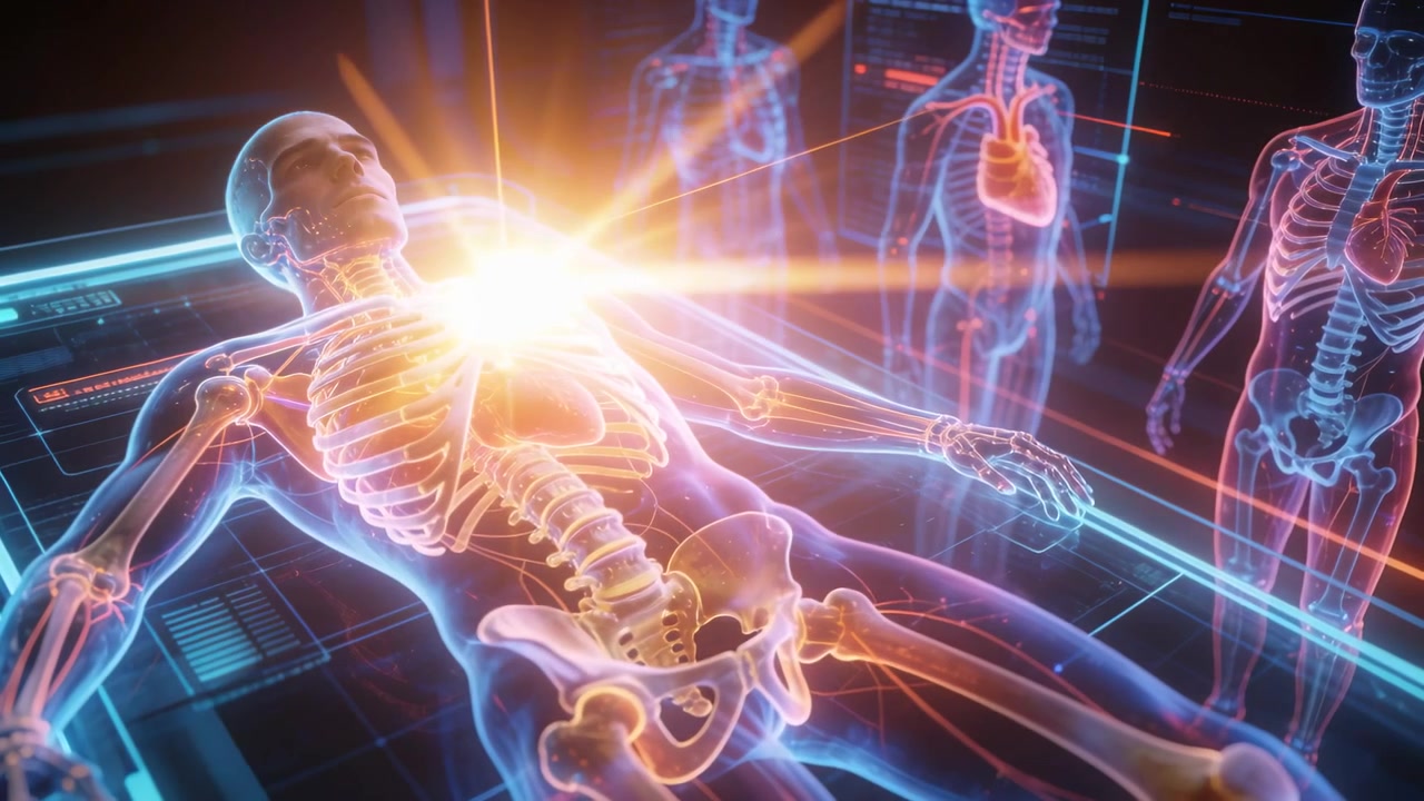 Scanning system projecting chest flare over male hologram supine on scan table for cardiac exam