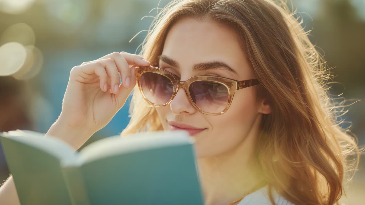 Lifting sunglasses, woman holding teal book at sunny park, brushing pencil, reading leisurely