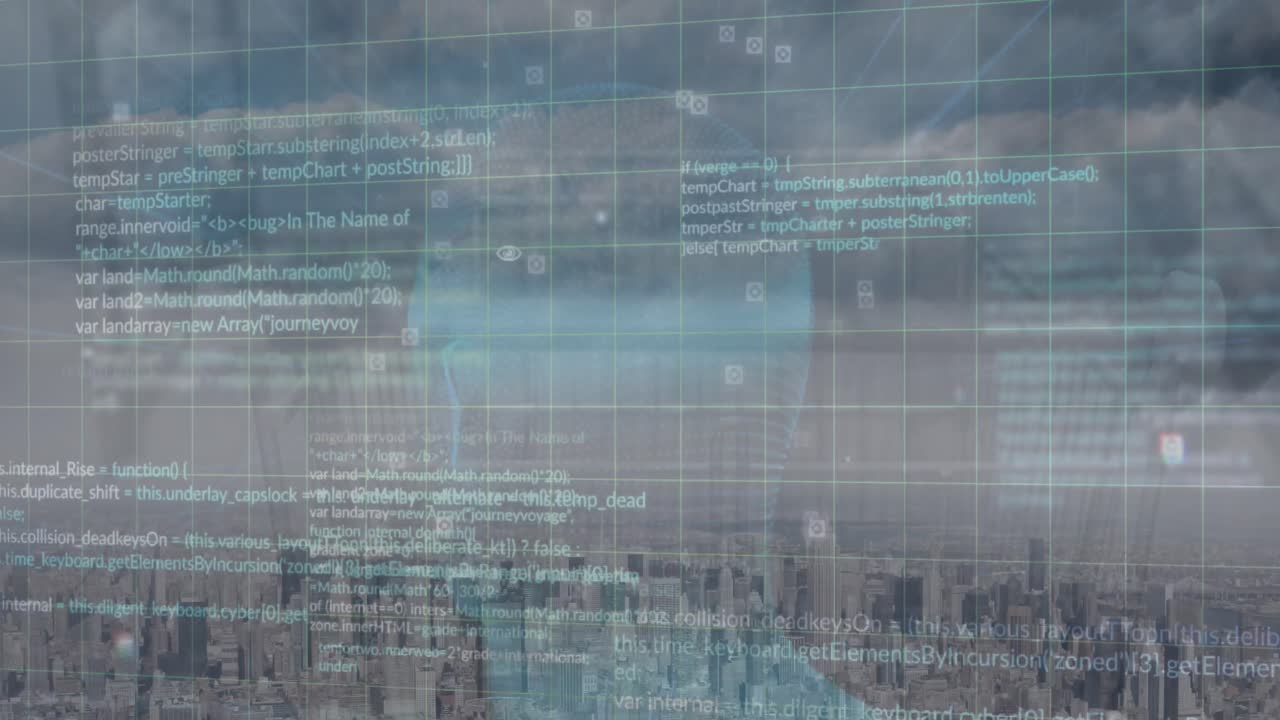 도시 풍경의 공중 전망에 대한 회전하는 인간 머리 모델에 대한 데이터 처리 애니메이션