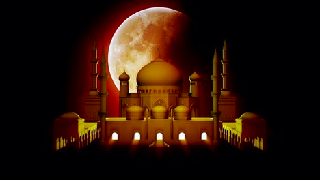 hermosa mezquita y gran luna giratoria en el cielo de las estrellas de la noche. ramadan kareem fondo de movimiento islámico. animación 3d.