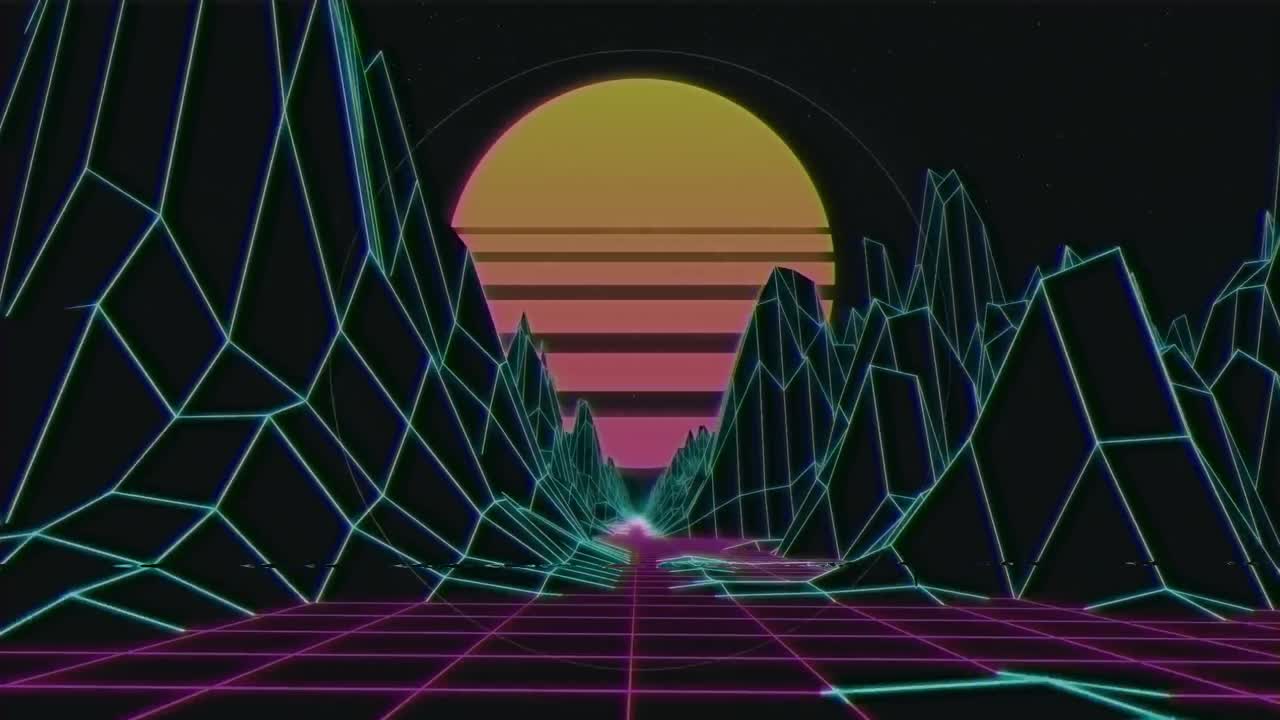 animación de anillos de carga de datos blancos parpadeantes sobre la cuadrícula de paisaje azul y el sol naciente en negro