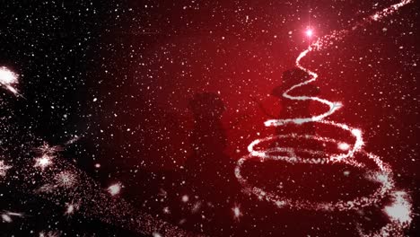 animation of snow falling over christmas tree on red background