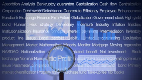 animación de procesamiento de datos y texto con vidrio de lectura sobre fondo azul