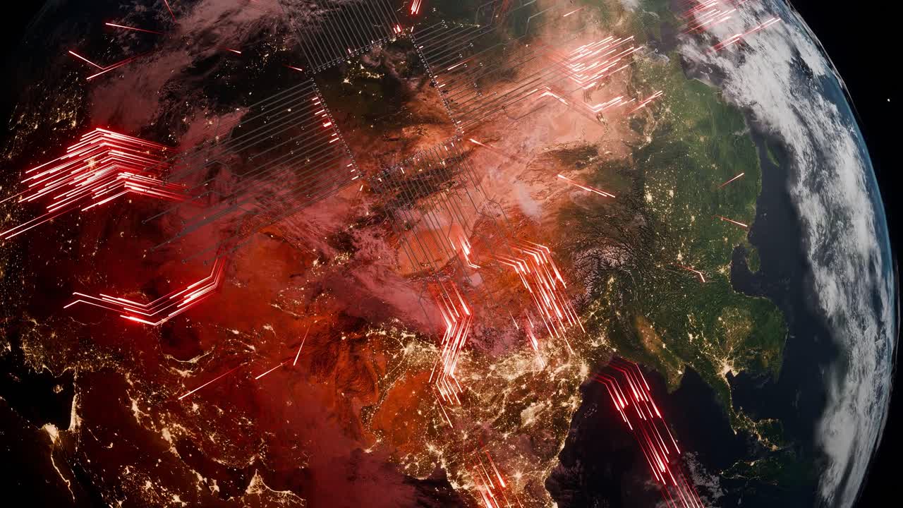 Planet Earth with visible Central and South Asia at night and glowing red digital circuit arrows in outer space. 3D render symbolizing global data transmission, cyber communication and digital