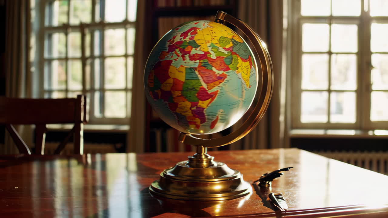 Vintage Globe on a Wooden Desk in a Library