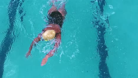 overhead tracking shot of an athletic woman swimming in a pool