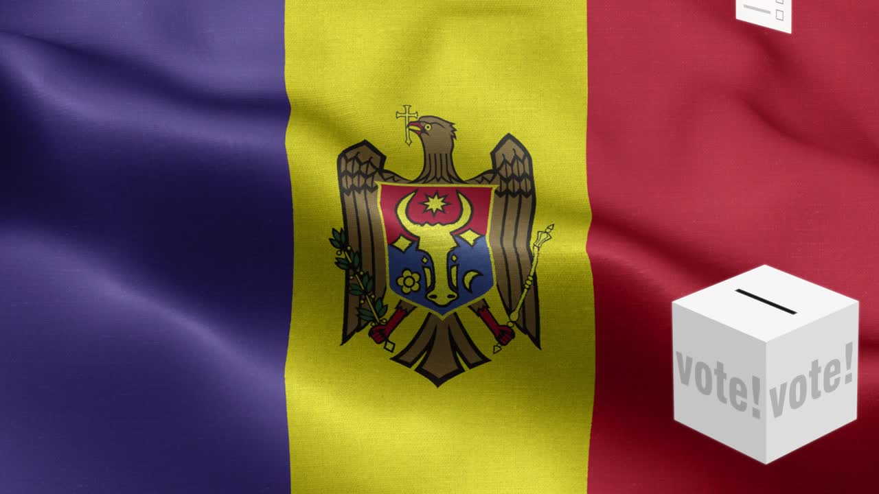 Ballots fly to box for Moldova selection - Ballot box in front of flag - Election - Vote - Flag Of Moldova - Moldova Flag High Detail - National flag Moldova wave Pattern loopable Elements - Fabric texture and endless loop