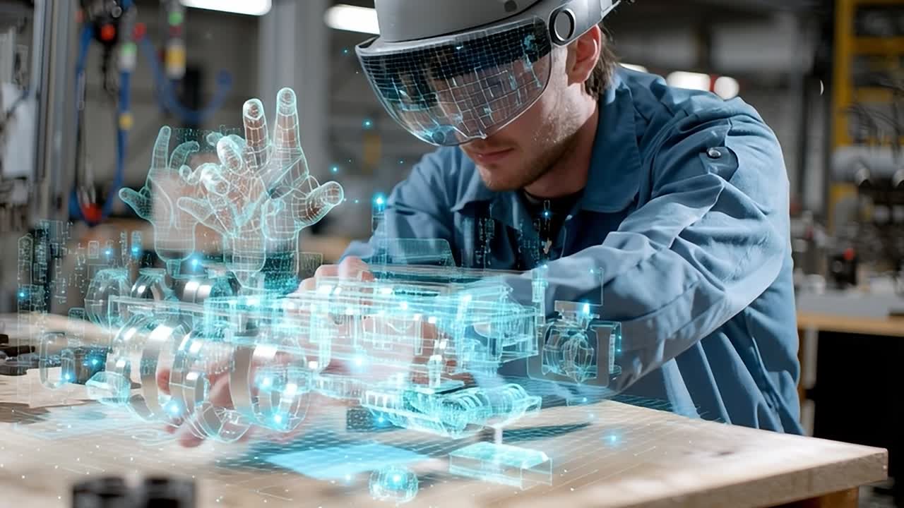 Engineer working with augmented reality technology in a workshop