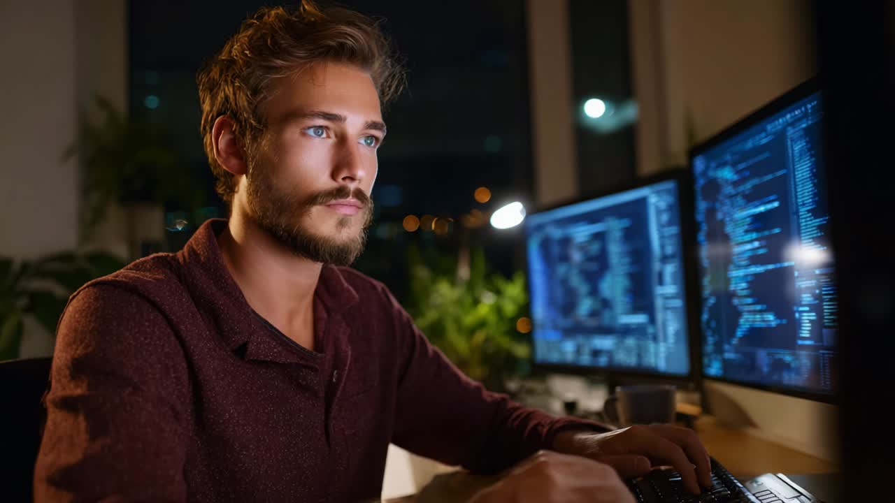 Focused Young Man Working on Computers in a Dimly Lit Room, Analyzing Code and Managing Data on Multiple Monitors, Surrounded by Plants and Enhancing His Programming Skills with Serious Attention