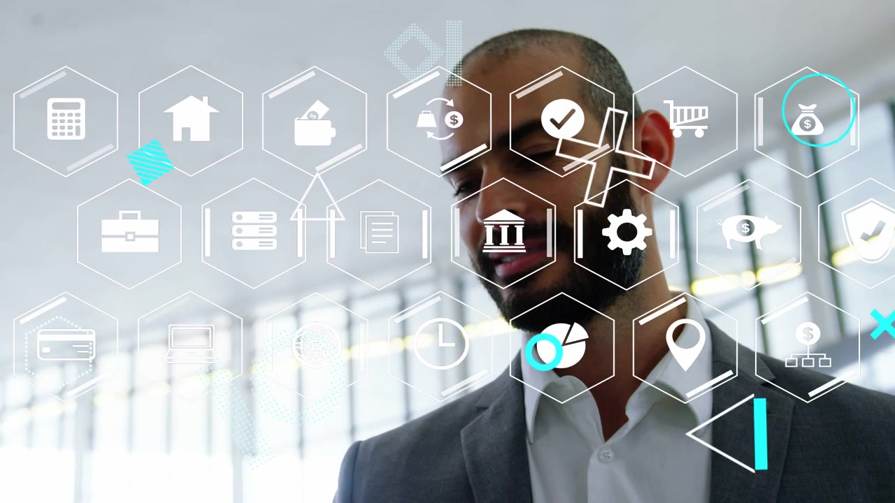 Executive scanning hex-grid finance overlay appearing in office lobby, analyzing chart icons